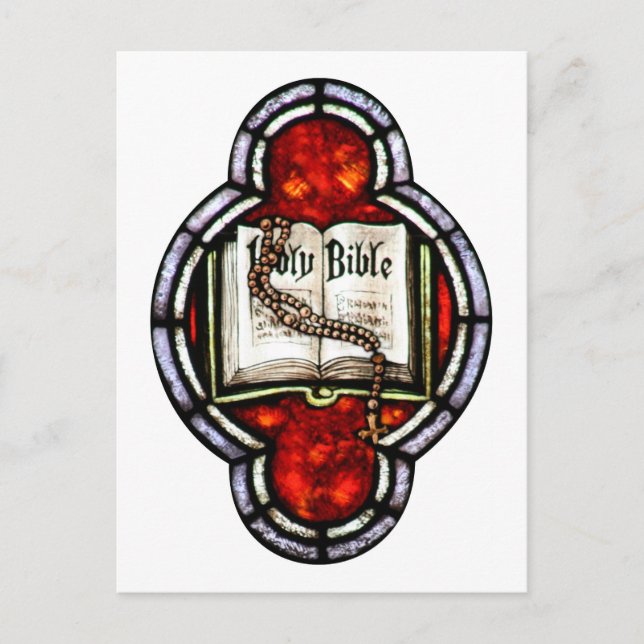 Holy Bible and Rosary Stained Glass Art Postcard (Front)