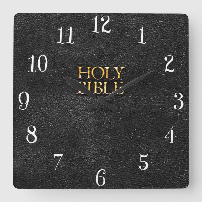 Holy Bible Christian Religion Faux Black Leather Square Wall Clock (Front)