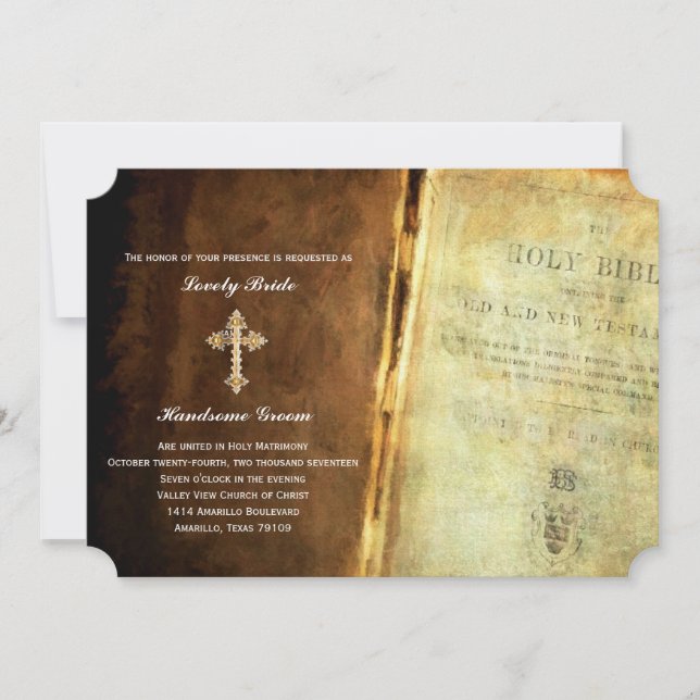 Holy Bible Gold Cross Christian Wedding Invitation (Front)