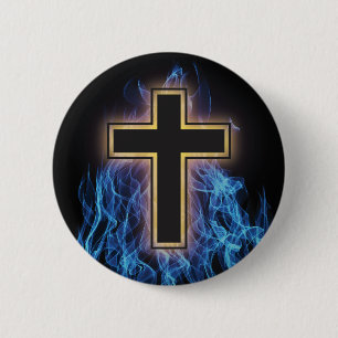 HOLY BLUE FIRE CROSS! CHRISTIAN SPIRITUAL POWER PINBACK BUTTON