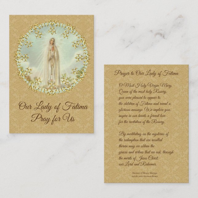 Holy Card | Our Lady of Fatima | gold damask (Front/Back)