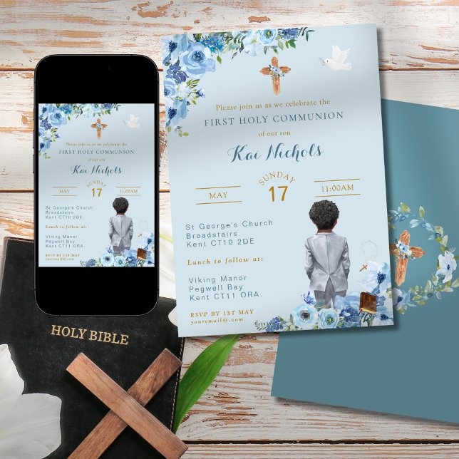 Holy Communion Black African American Boy Blue Invitation (Creator Uploaded)