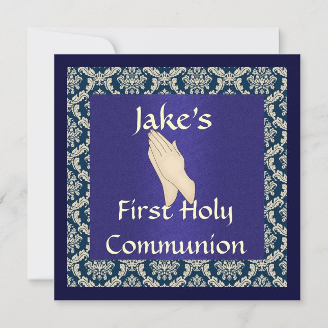 Holy Communion Blue & Beige DAMASK INVITATIONS (Front)