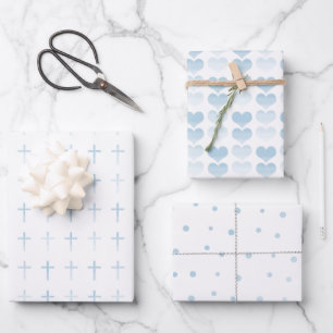 Holy Communion Blue Cross Hearts and Dots Wrapping Paper Sheets
