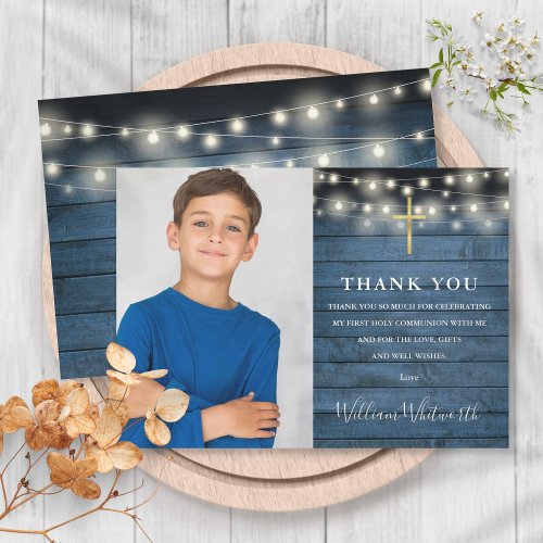 Holy Communion Blue Rustic String Lights Photo Thank You Card