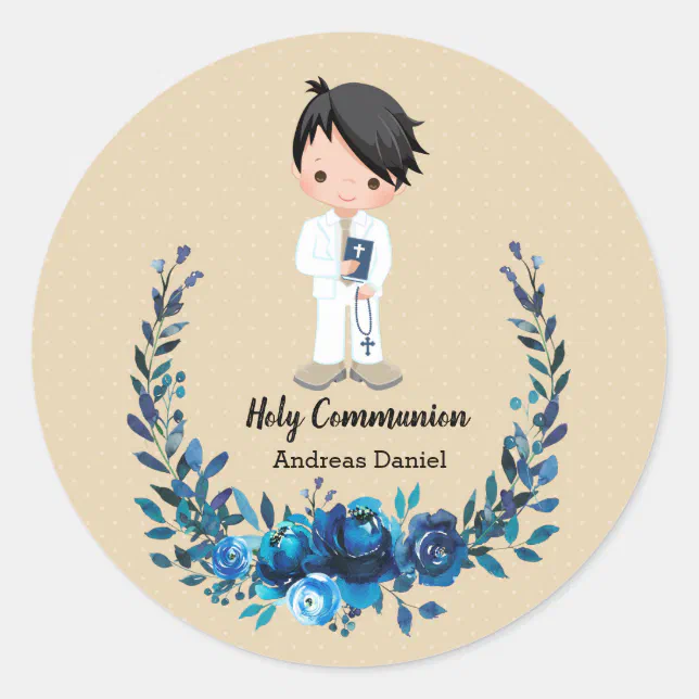 Holy Communion blue wreath Classic Round Sticker | Zazzle