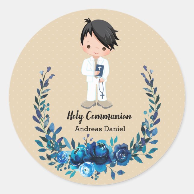 Holy Communion blue wreath Classic Round Sticker (Front)