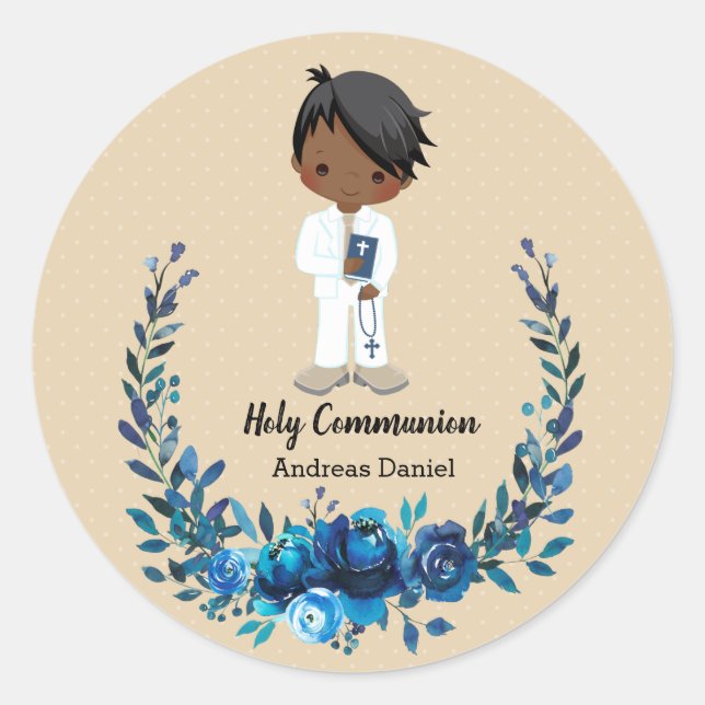 Holy Communion blue wreath Classic Round Sticker (Front)