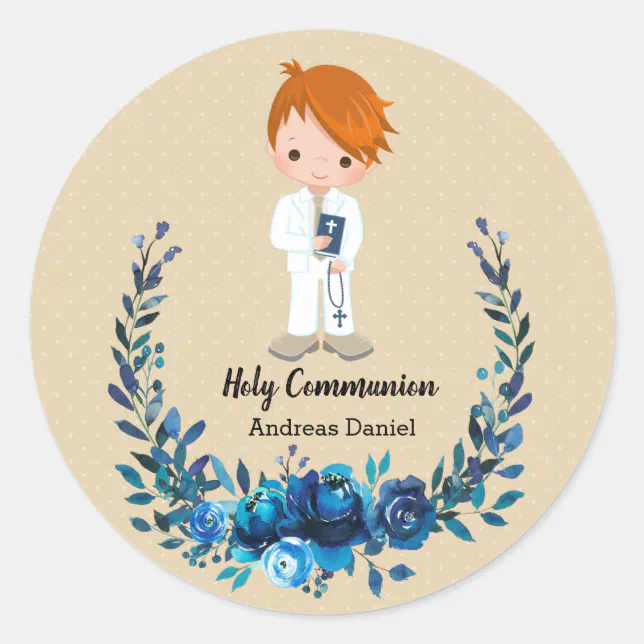 Holy Communion blue wreath Classic Round Sticker | Zazzle