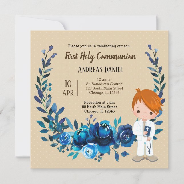 Holy Communion blue wreath Invitation (Front)