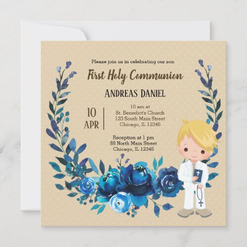 Holy Communion blue wreath Invitation