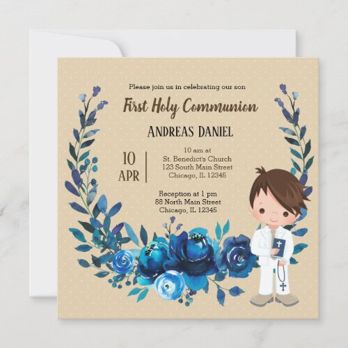 Holy Communion blue wreath Invitation