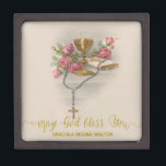 Holy Communion Girl Catholic Traditional Keepsake Gift Box<br><div class="desc">This personalized traditional First Holy Communion keepsake jewelry box has a beautiful image of the chalice, missal or bible with a rosary and pink roses on an altar. The gold script overlay adds a lovely delicate touch! It would be a perfect keepsake to store all the small gifts and mementos...</div>