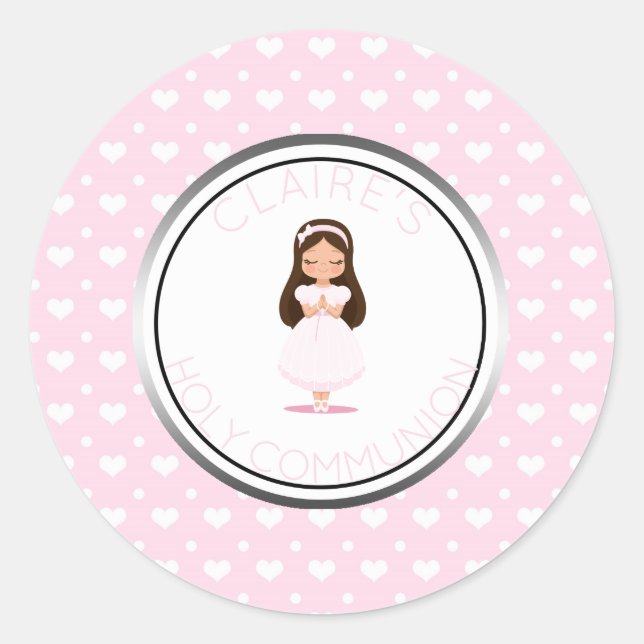Holy Communion Girl Favor Pink Hearts Classic Round Sticker (Front)