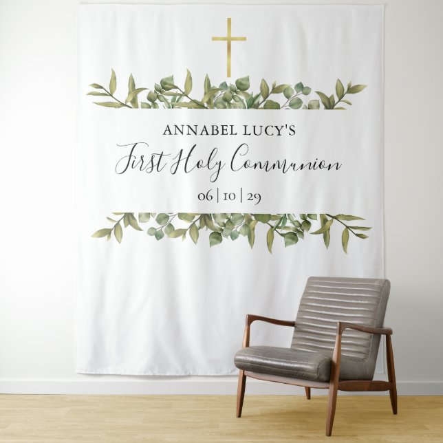 Holy Communion Gold Cross Greenery Photo Backdrop (In Situ)