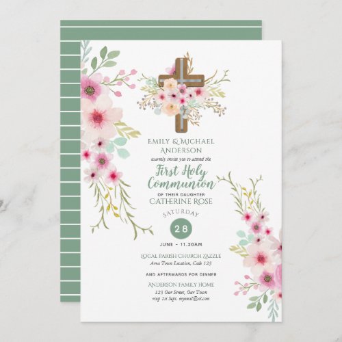 HOLY Communion Invitations Floral Cross Pink Sage