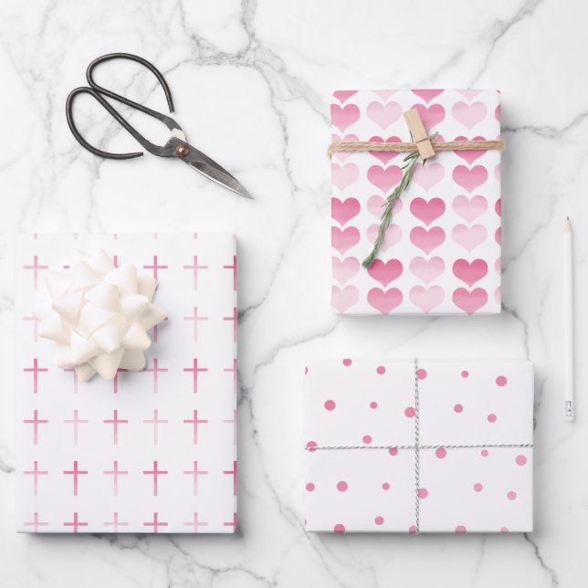 Holy Communion Pink Cross Hearts and Dots Wrapping Paper Sheets (Front)