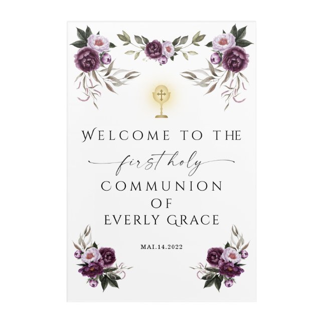 Holy Communion Purple Pink Peony Flowers Welcome  Acrylic Print (Front)