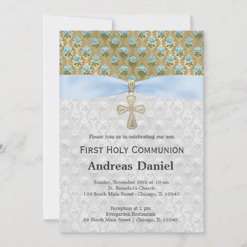 Holy Communion roses on antique gold (Blue) Invitation