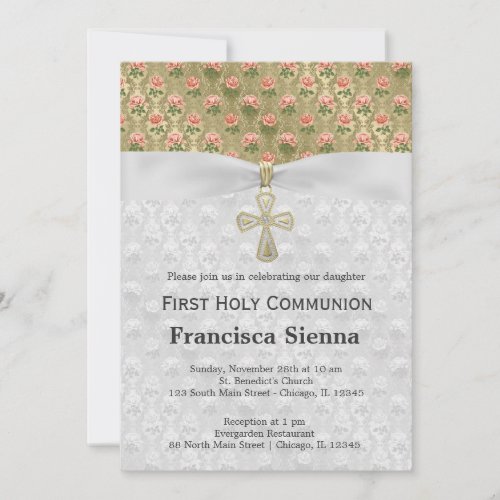 Holy Communion roses on antique gold Personalized Invitation