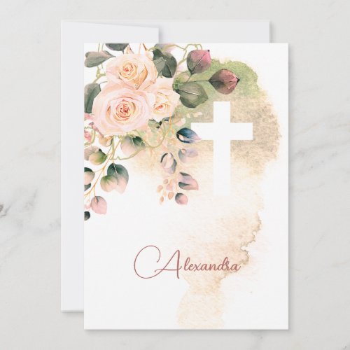  Holy Communion Roses Pink Religious Cross Invitation