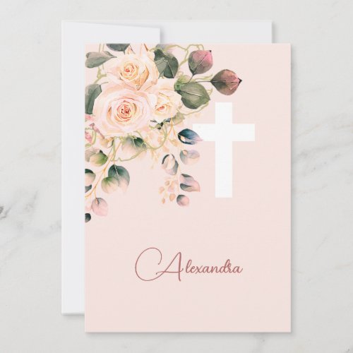  Holy Communion Roses Soft Pink Religious Cross Invitation