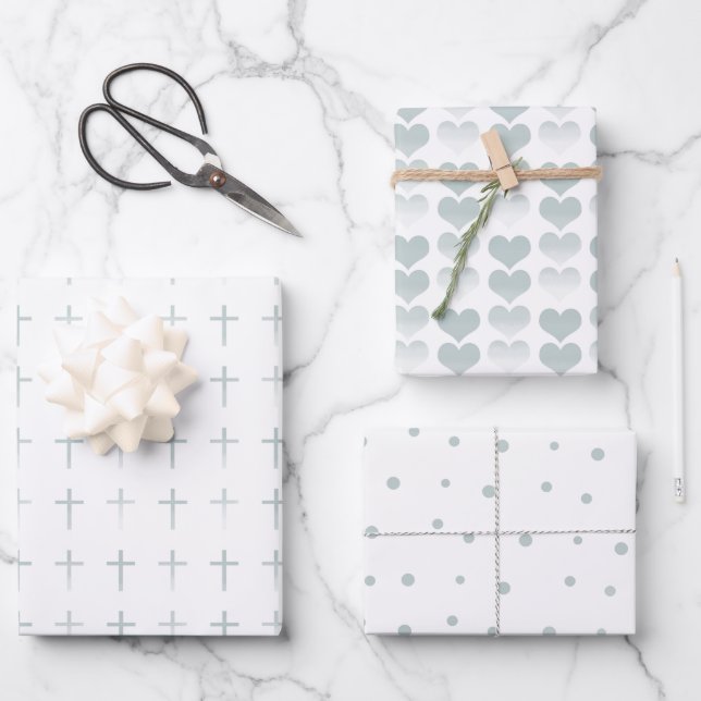 Holy Communion Sage Cross Hearts and Dots Wrapping Paper Sheets (Front)