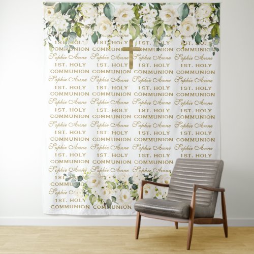 Holy Communion White Floral Step  Repeat Backdrop
