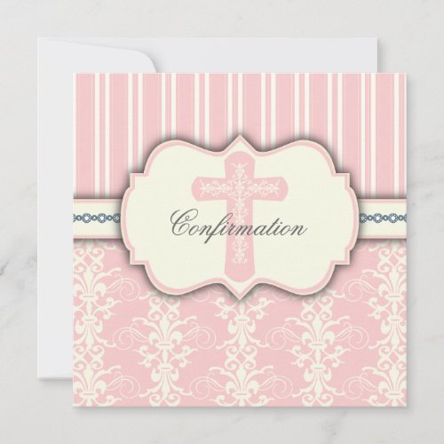 Holy Confirmation Vintage Pink Damask Invitation
