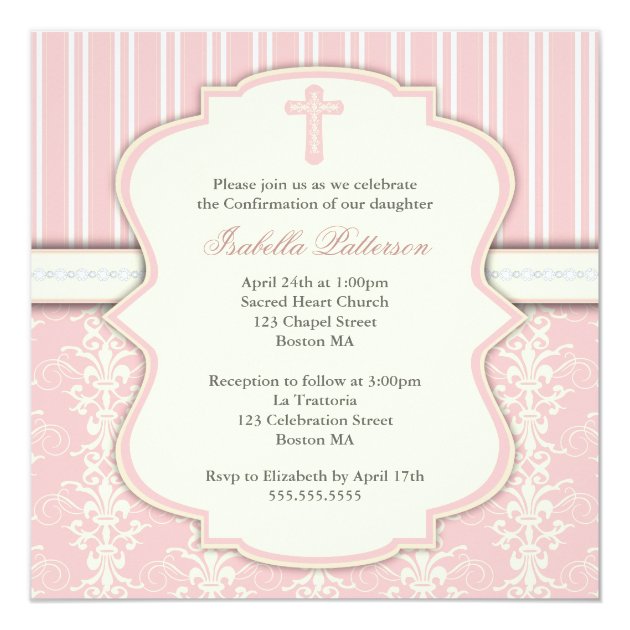 Holy Confirmation Vintage Pink Damask Invitation
