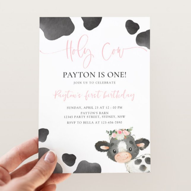 Holy Cow 1st Birthday, Girl Floral Cow B'day Party Invitation (Creator Uploaded)