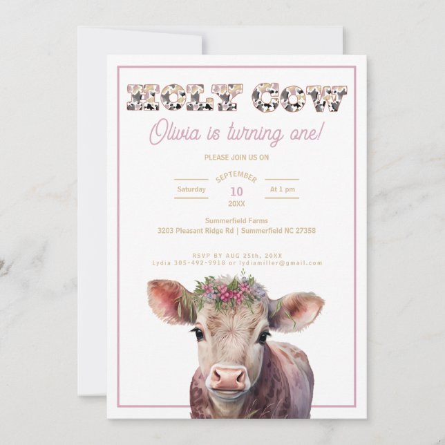 Holy Cow 1st Birthday Invite with Cow Art (Front)