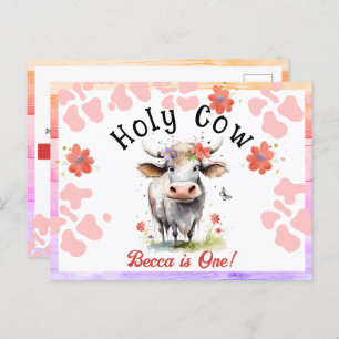 Holy Cow 1st Birthday Watercolor Girl Postcard