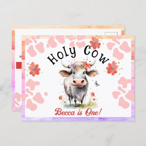 Holy Cow 1st Birthday Watercolor Girl Postcard