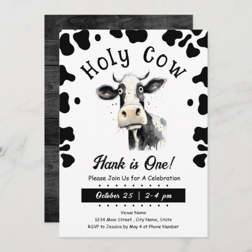 Holy Cow 1st Birthday Watercolor Invitation