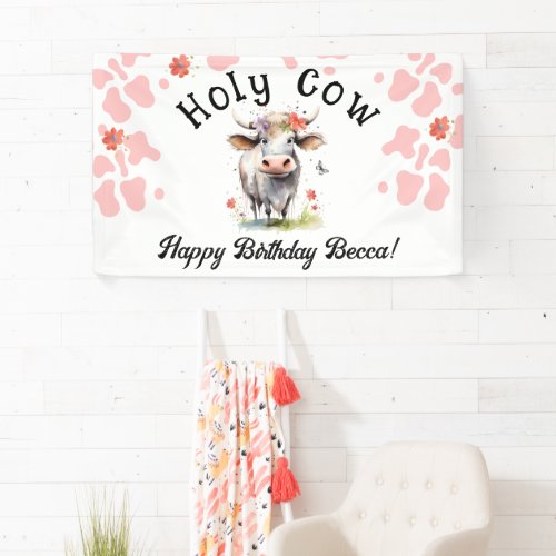 Holy Cow 1st Birthday Watercolor Pink Banner
