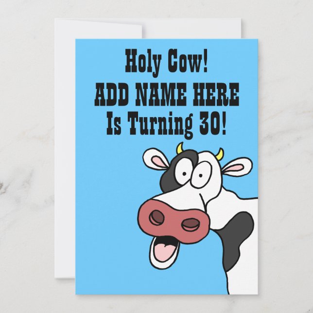 Holy Cow 30th Birthday Funny Cartoon Invite (Front)