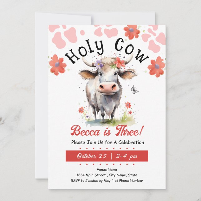 Holy Cow 3rd Birthday Girl Invitation (Front)