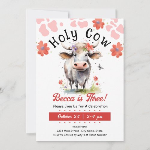 Holy Cow 3rd Birthday Girl Invitation