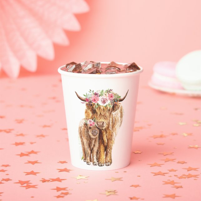 Holy Cow Baby Shower Boho Highland Calf Paper Cups (Insitu)