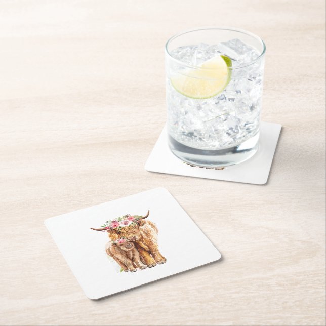 Holy Cow Baby Shower Boho Highland Calf Square Paper Coaster (Insitu)
