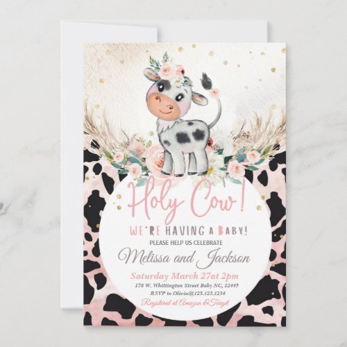 Holy Cow Baby Shower Invitation Cow Boho Pampas 
