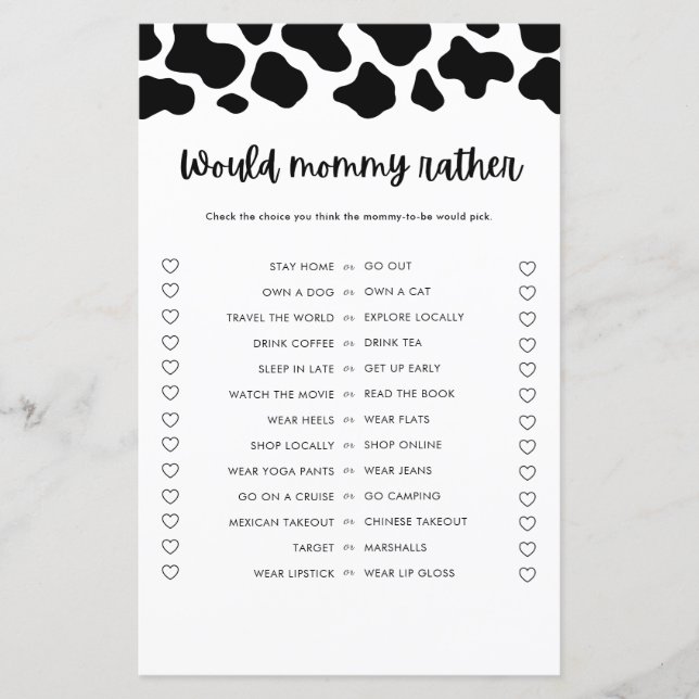 Holy Cow Baby Shower Would Mommy Rather Game (Front)