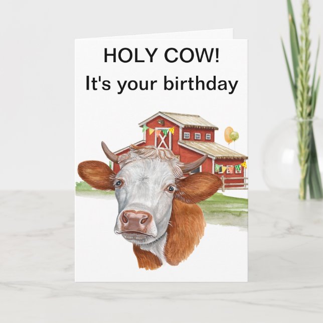 Holy Cow Birthday Watercolor Farm Barn Card (Front)