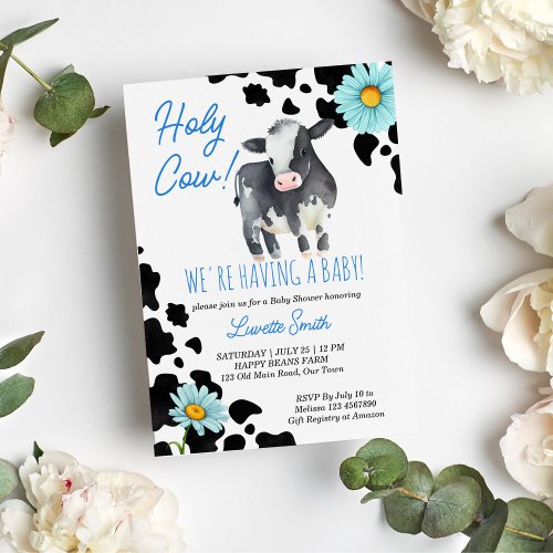 Holy cow black and blue cute cow baby shower invitation