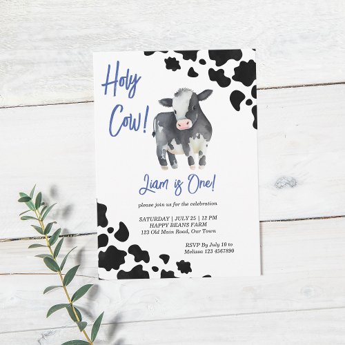 Holy cow black and blue cute cow birthday party invitation