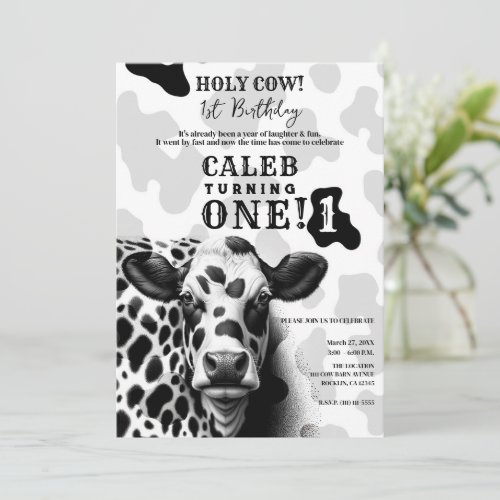Holy Cow Black  White Country 1 1st Birthday Invitation