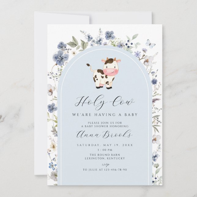 Holy Cow blue flowers boy Baby Shower Invitation (Front)