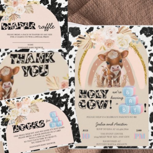 Holy Cow  Boho Baby Shower  Pampas Grass Invitation