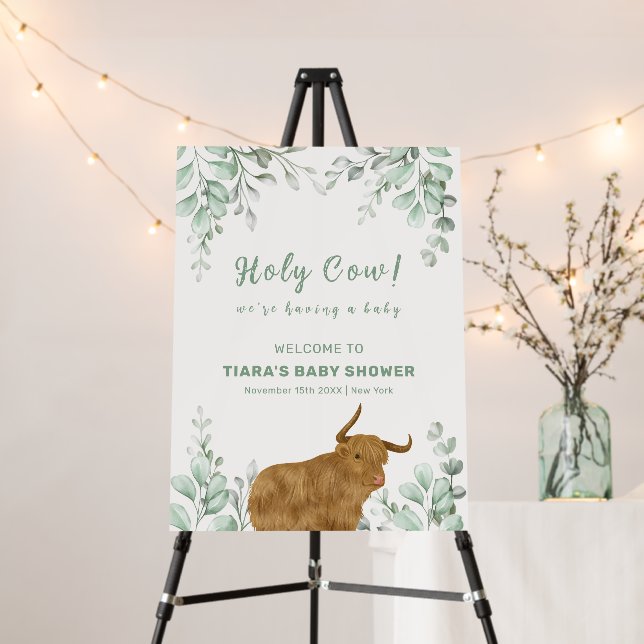 Holy Cow Boho Greenery Baby Shower Welcome Sign  (In Situ (Stand))